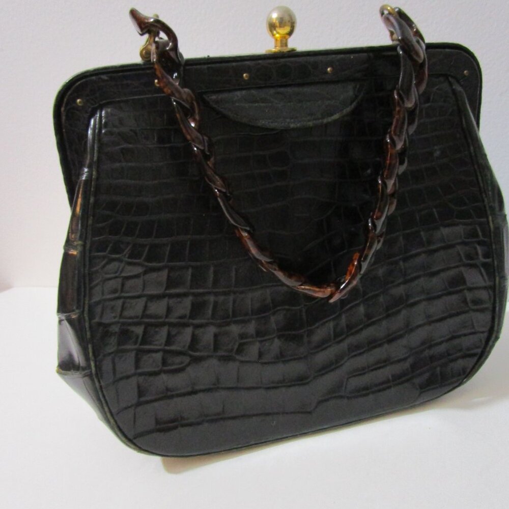 Crocodile Purse Top Handle Frame Vintage 1950s Glossy Black - Picture 2 of 16